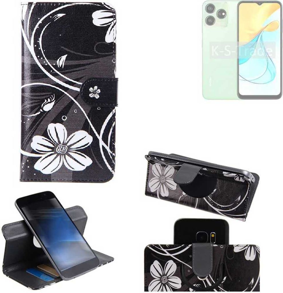 K-S-Trade Schutzhülle Handyhülle kompatibel mit ZTE Axon 50 Lite Hülle 360° Wallet Case “Flowers“ Klapphülle Hülle schwarz-weiß 1x