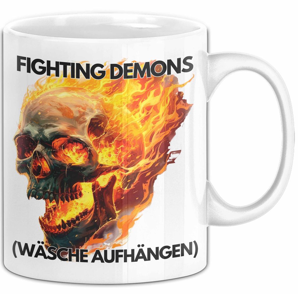 Dank Meme Tasse Geschenk Fighting Demons Wäsche Aufhängen Feuer Totenkopf Kaffee-Becher (Weiß)