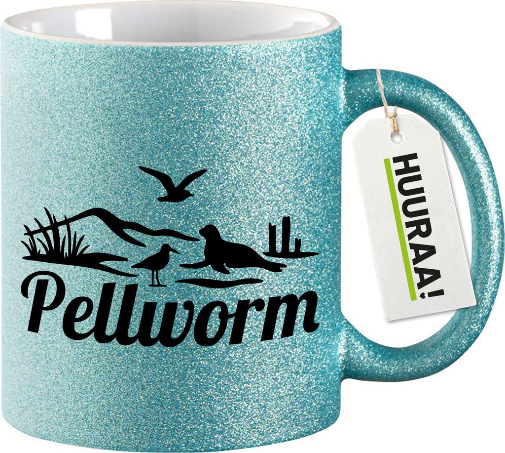 Huuraa Glitzertasse Pellworm Strandmotiv 330ml Blau Keramik Kaffeebecher Geschenkidee