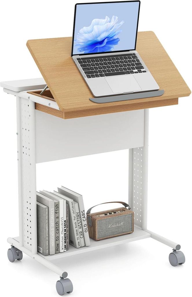 Couchtisch - Holz - Mit Rollen - Neigbare Tischplatte - Verstecktes Fach - Ablagefächer - Perforierte Seiten - Khaki