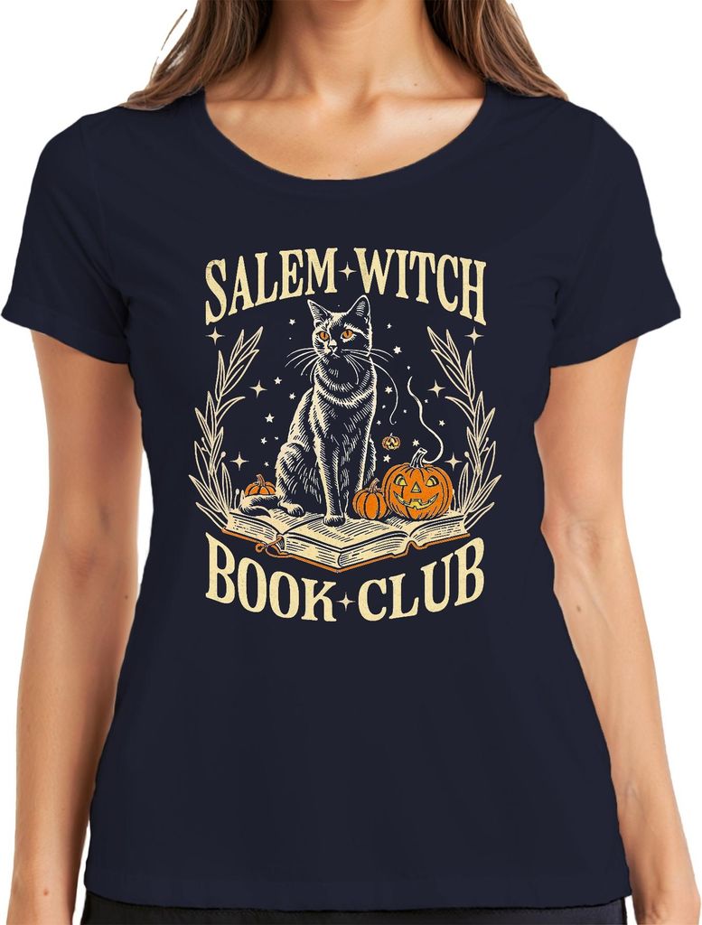 Salem Witch Book Club Katze Kürbis Halloween Magie Vintage Retro Damen T-Shirt, Navy, XXL
