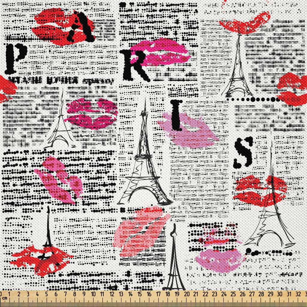 ABAKUHAUS Paris Satin Stoff als Meterware, Sexy Lippenstift-Kuss mit der Touristenattraktions-Turm-Skizzen-Zeitung, die Hintergrund schaut, 10 M (1...