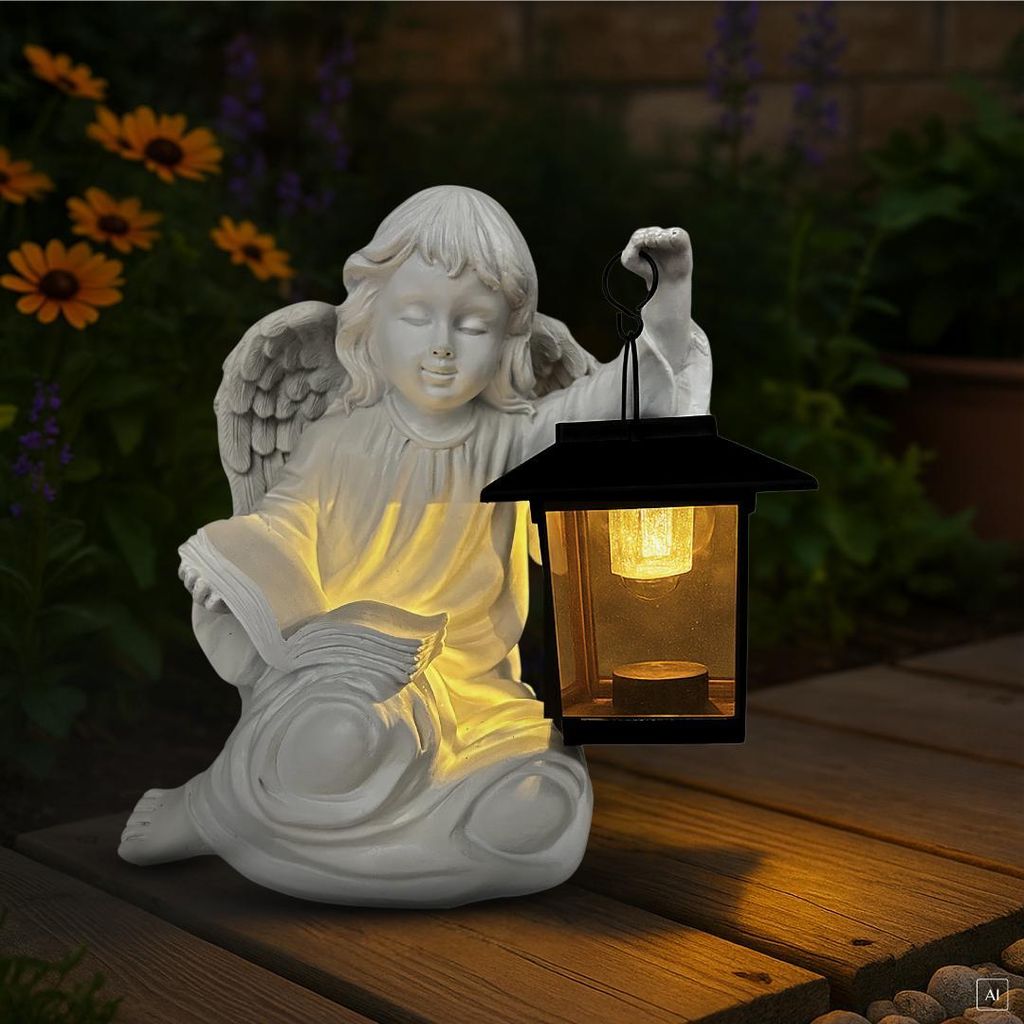 abc HOME | Dekofigur Engel mit Laterne | LED | Solarpanel | Lichtsensor