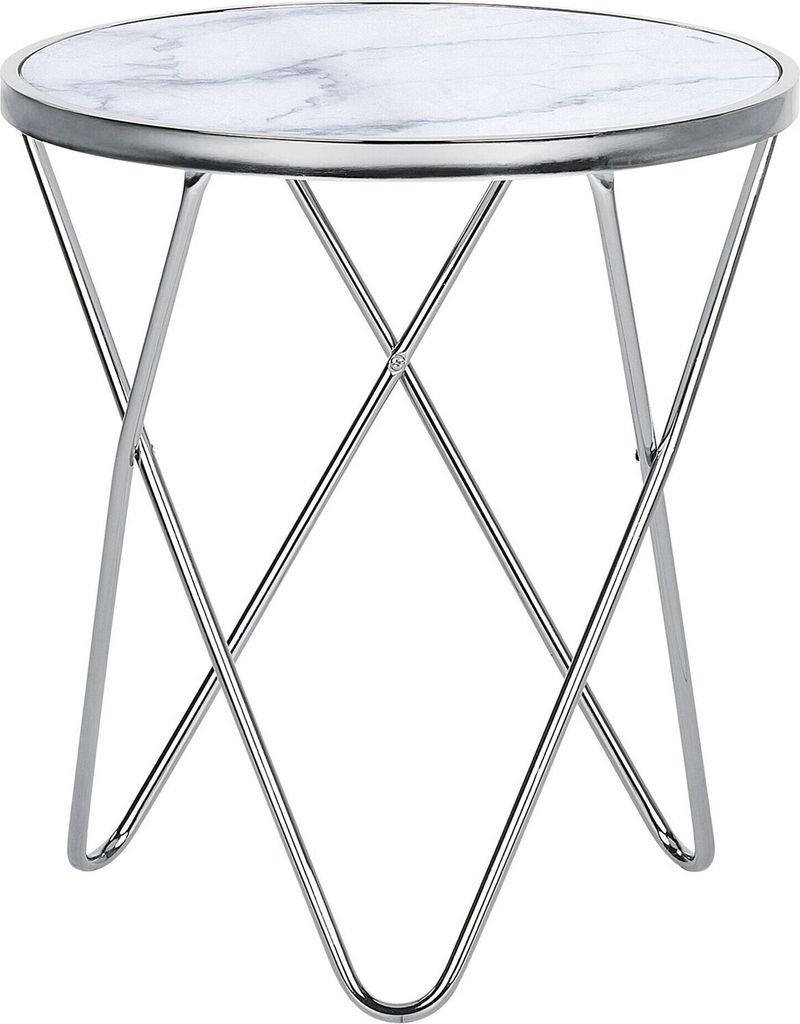 BELIANI Beistelltisch Weiß Silber Sicherheitsglas Metall 50 x 55 cm V förmigen Füße Couchtisch Glänzend Marmor Optik Rund Modern