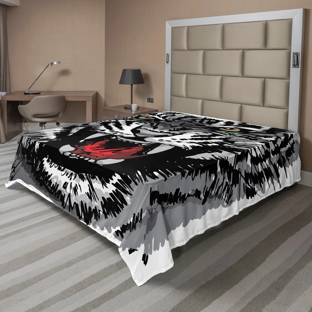 Drap de lit Safari Tigre ABAKUHAUS 260x228 cm Gris Noir et Blanc Confort
