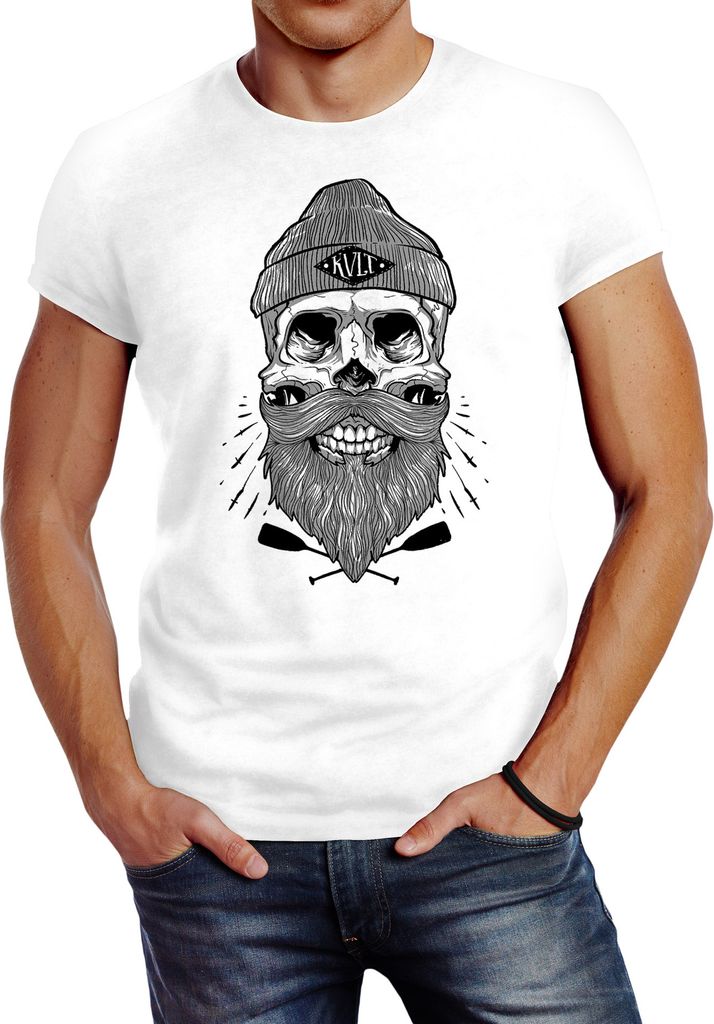Herren T-Shirt Captain Skull Beard Totenkopf Bart Kapitän Slim Fit Neverless weiß M