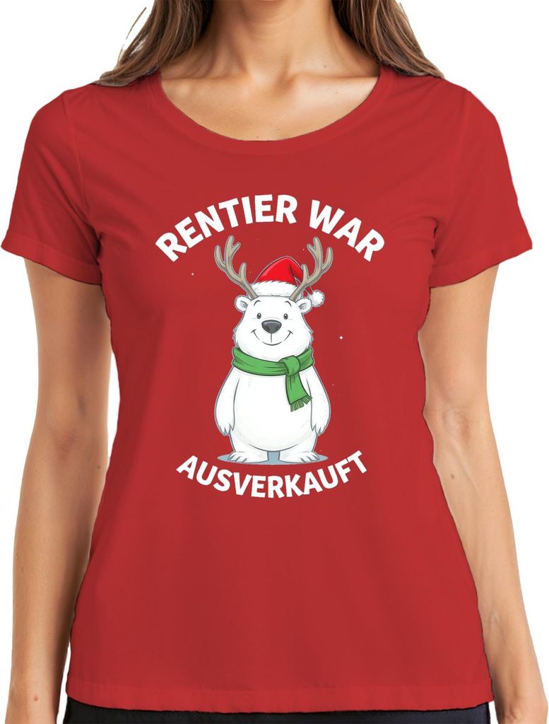 Rentier war t lustig Weihnachten Eisbär Geweih Geschenk Damen T-Shirt, Rot, L