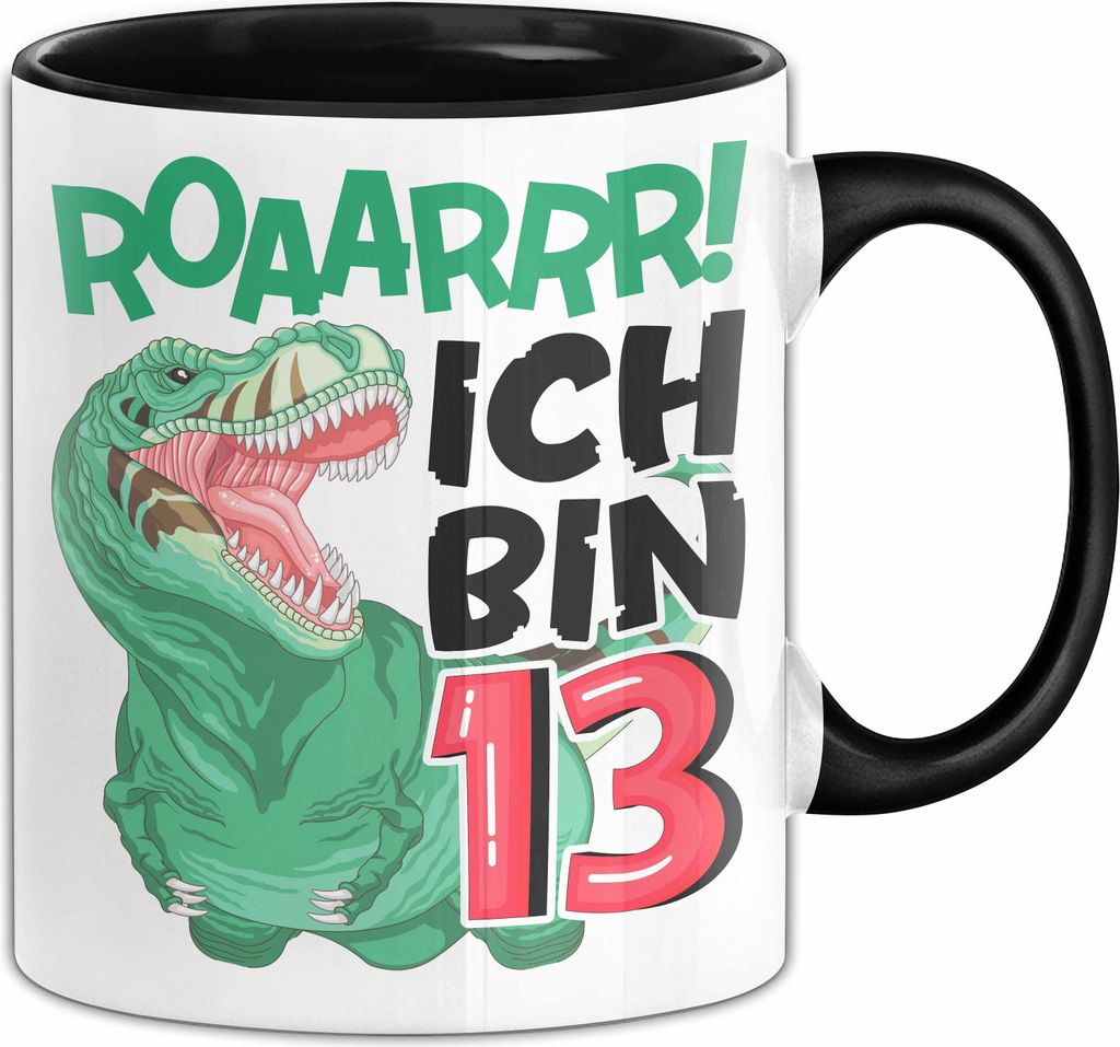 13. Geburtstag Geschenk Tasse Becher Jungs Dino T-Rex Roaarrr Ich Bin 13 Teenager (Schwarz)