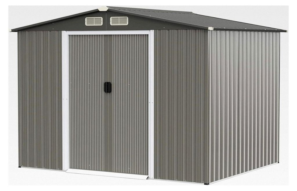 Gerätehaus mit Fundament, 260x207x180cm, Geräteschuppen aus verzinktem Stahl, Gartenhaus mit Doppeltüren und Rampe, abschließbarer Gartenschupp...