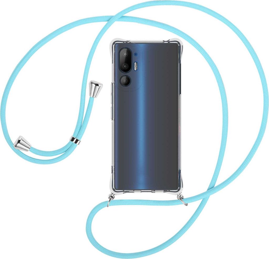 Handykette Backcover-Schutzhülle mit Band (Metall silberfarben) für HTC U24 5G/HTC U24 Pro 5G - himmelblau