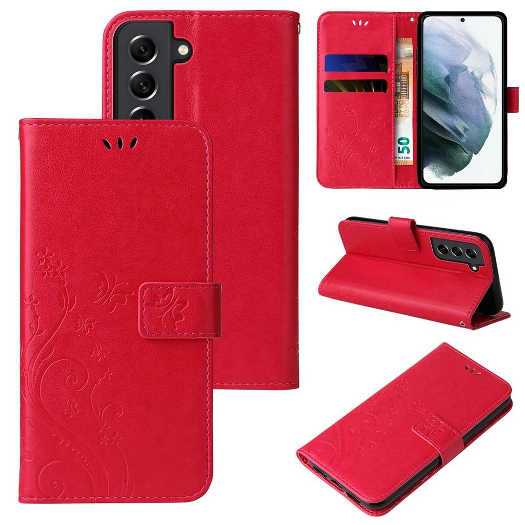 Handyhülle für Samsung Galaxy S21 Floral Blumen Schmetterling Flip Cover Hülle Case Klapphülle Handytasche Farbe: Rot