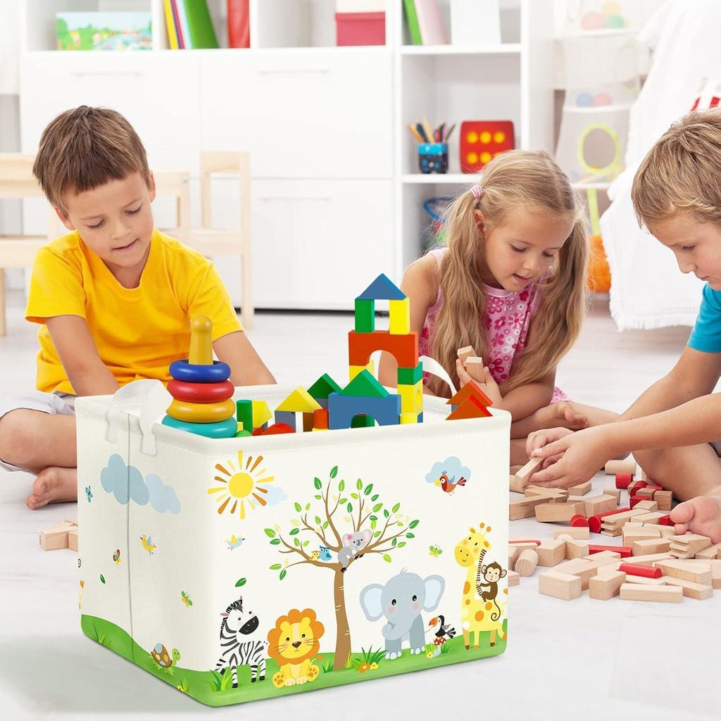 Cartoon Tiere Aufbewahrungskorb Für Schlafzimmer Beige 36L - Elefant Giraffe Affe Löwe Vogel