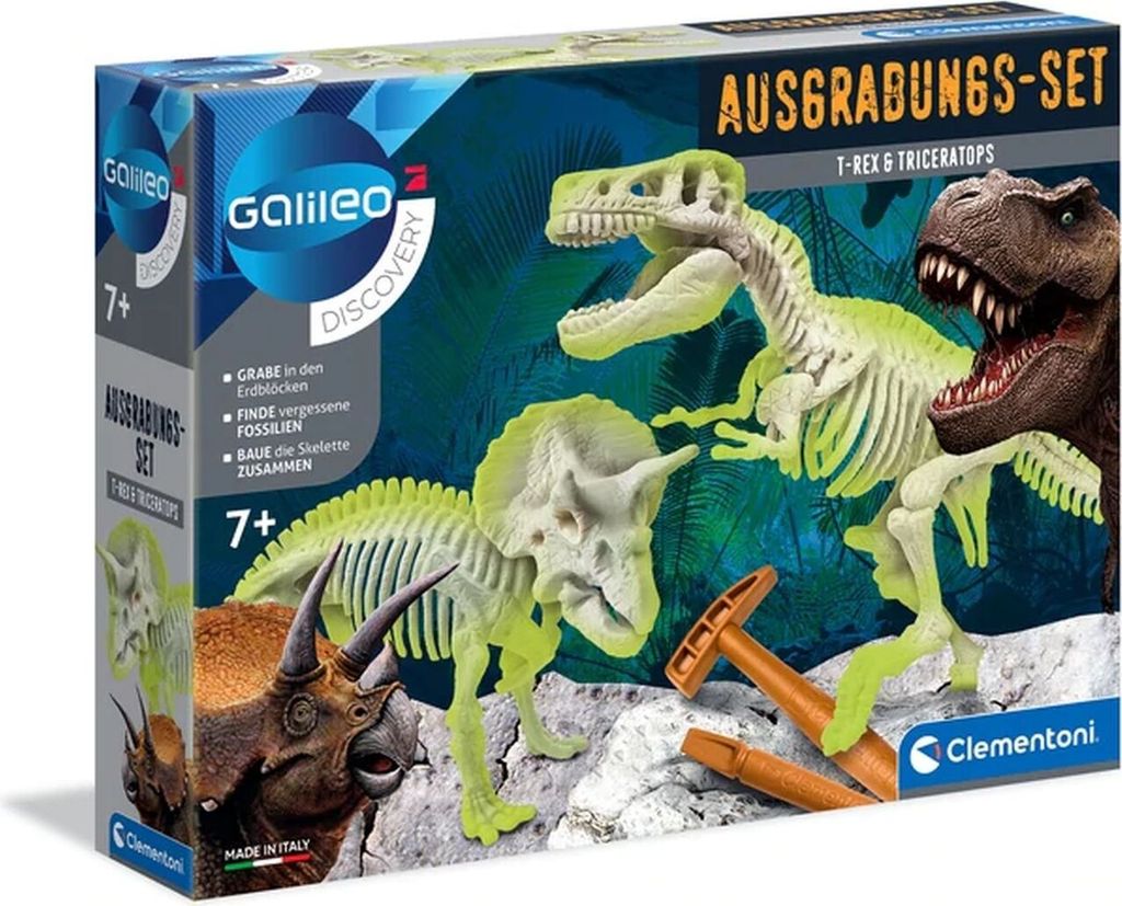 The image shows the packaging of a Galileo Ausgrabungsset T-Rex and Triceratops.