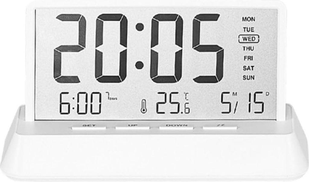 Digitaler Wecker mit großem Display, Zeit, Datum, Woche & Temperatur, 12/24H, Snooze-Funktion, minimalistisches Design, weiß + undurchsichtig