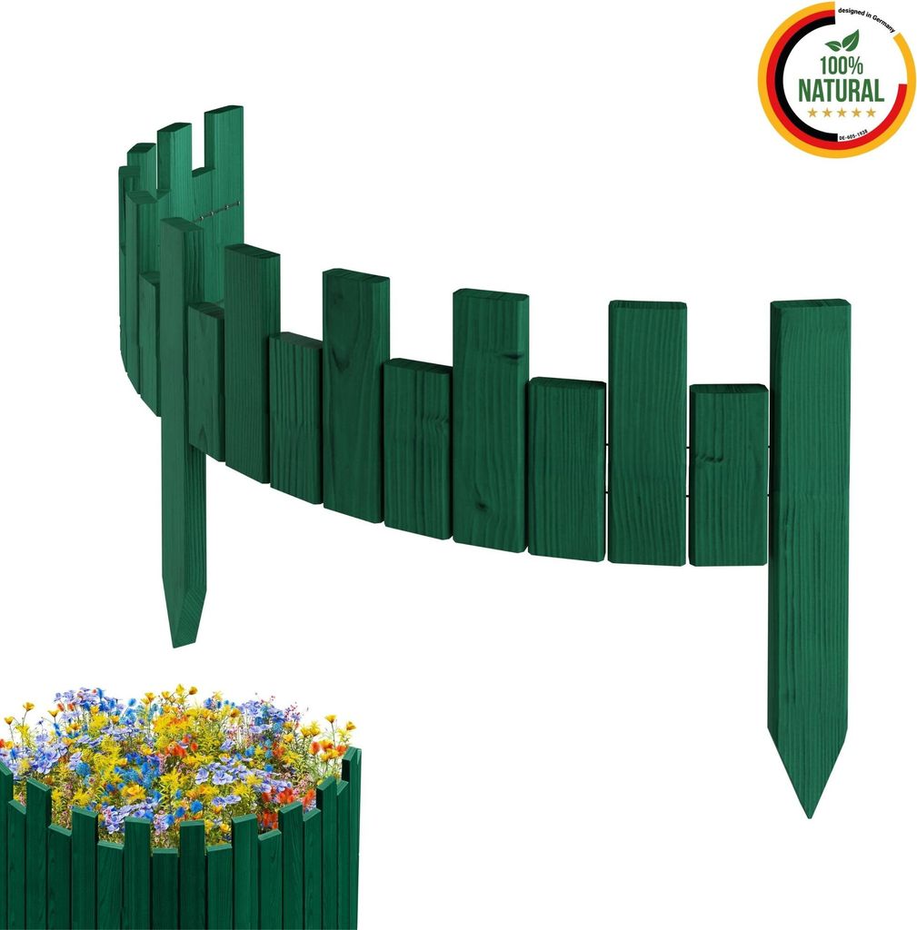 Floranica Beeteinfassung Rasenkante Holz Rollzaun Holzzaun 100 x 15 cm Grün imprägniert Flexible Rollborder Palisade Gartenzaun