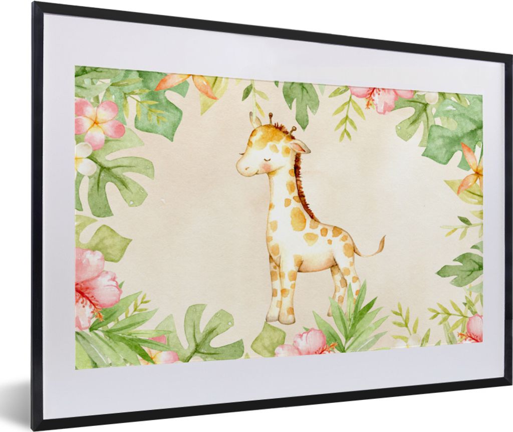 MuchoWow MuchoWow Gerahmtes Poster Giraffe - Aquarellfarbe - Blumen - Dschungel 60x40 cm - Poster mit zchwarzem Bilderrahmen - Schlafzimmer - P...