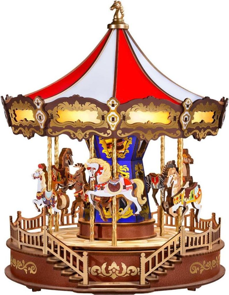 A detailed 3D wooden carousel model with horses and LED lighting.