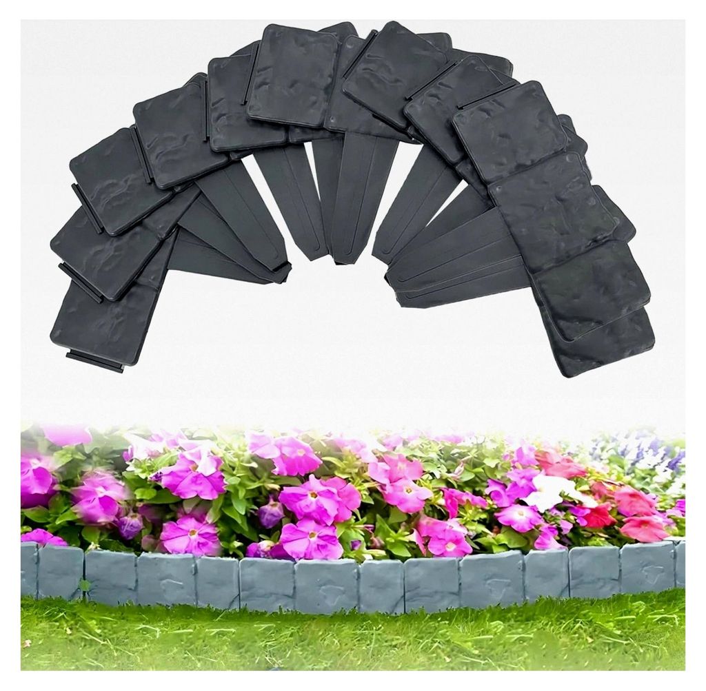 Beeteinfassung Rasenkante 10 Stück, 2,5 m Anthrazit Kunststoff in Steinoptik, Flexible PP Beetumrandungen für Blumen, Gartenzaun dekorativ, 1 Ele...