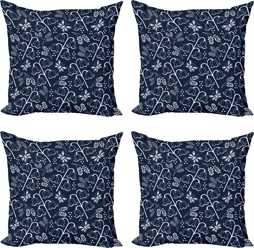 ABAKUHAUS Navy blau Kissenbezug Set (4 Stück), Hand Drawn-Blatt-Niederlassungs, Moderner Doppelseitiger Digitaldruck, 45 cm x 45 cm, Dunkelblau Weiß
