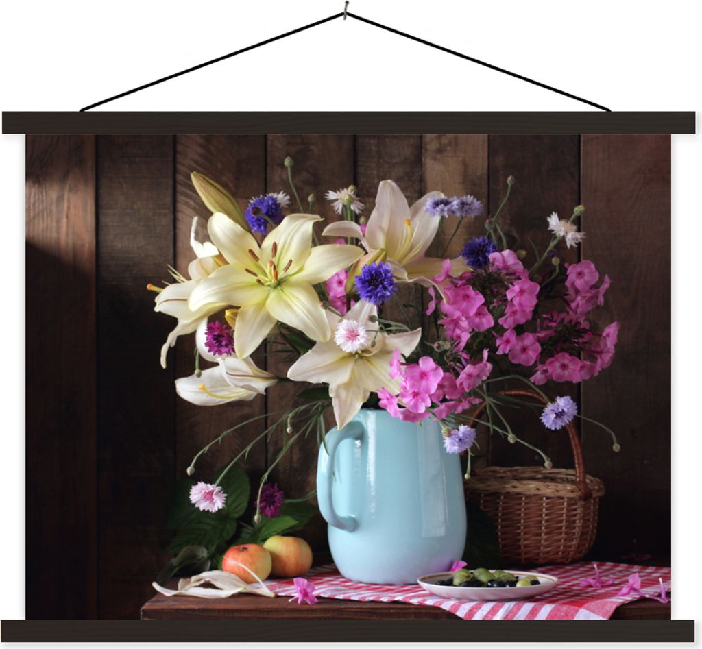 MuchoWow Textilposter Korb - Blumen - Sommer 120x90 cm mit schwarzem Rahmen - Aufhänger für Poster