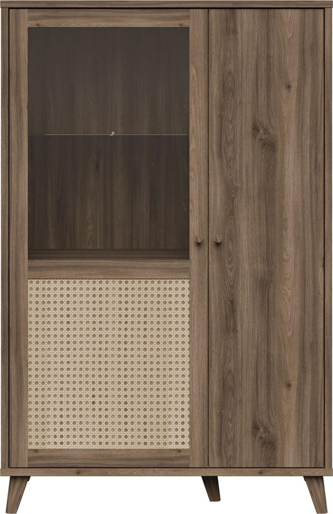 Furniture24 Vitrine Glenkeen Glkv522L Boho Still - Vitrinenschrank - Valencia Eiche / Wiener Rattangeflecht