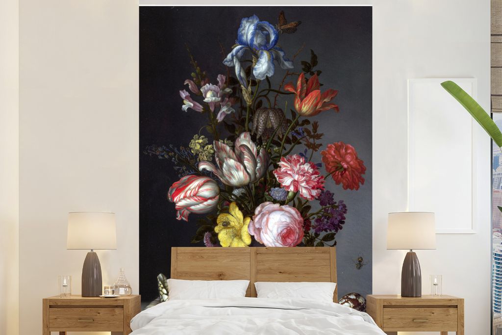 MuchoWow Fototapete für Wohnzimmer oder Schlafzimmer Wandtapete Vinyl Motivtapete Blumen in einer Vase mit Muscheln und Insekten - Balthasar van...