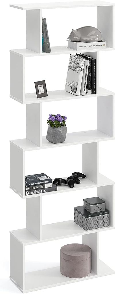 Komto Bücherregal - Raumteiler Regal Standregal Holz und Hoch mit 6 Ebenen S-Förmiges Modern Hochregal Aktenregal Büroregal 191x70x24 cm Weiß