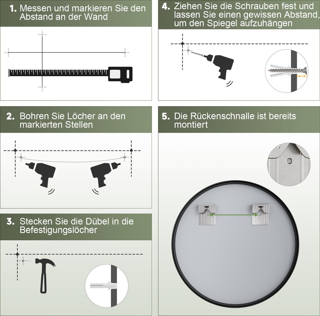 SONNI nástenné zrkadlo make-up zrkadlo okrúhle 60 cm s Obrázok produktu 8