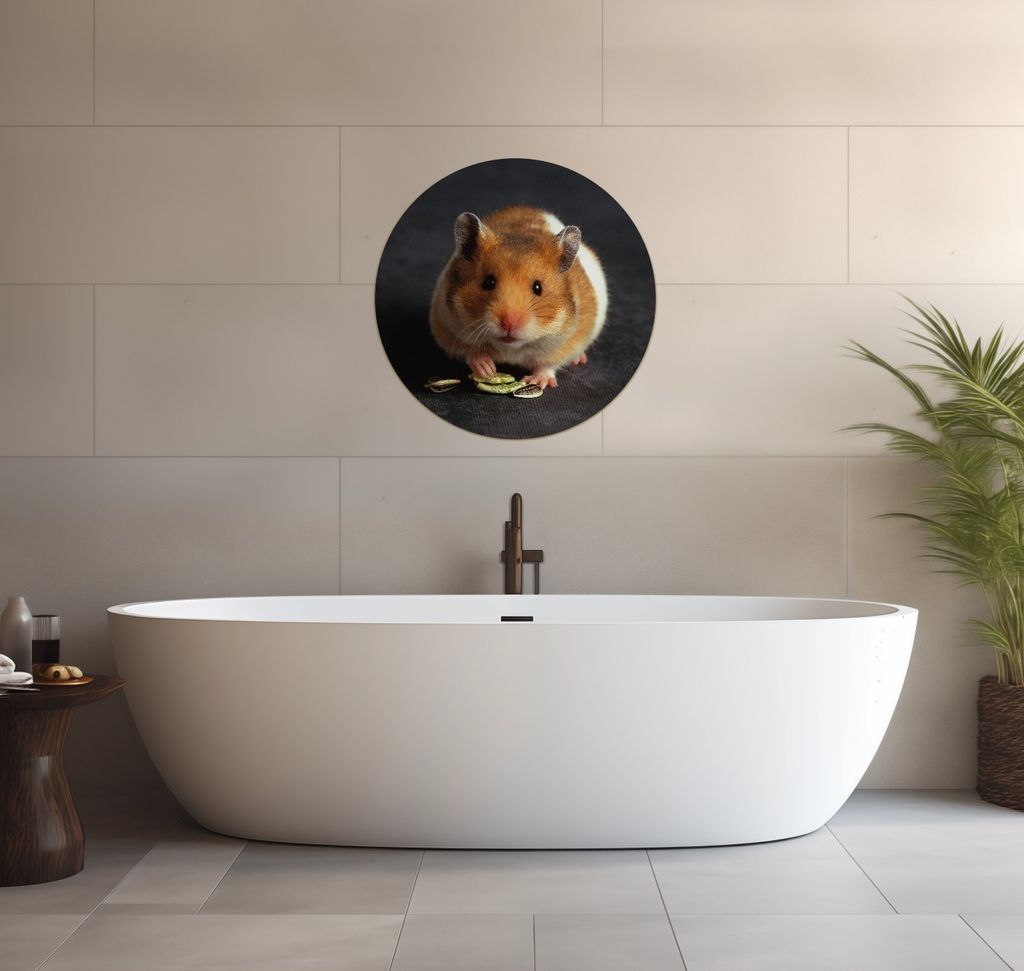 Wallario wasserfestes Poster selbstklebend 60 x 60 cm, Putziger Hamster mit Nüssen zwischen den Pfoten, Badezimmerposter Spritzschutz mit Hochglan...