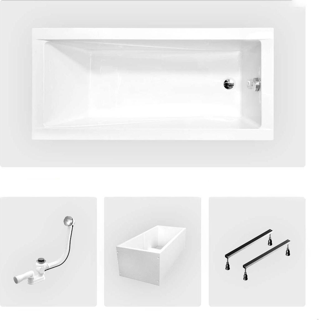 Rechteckige Badewanne - 160 x 70 cm - mit Polystyrol-Verkleidung - Füße - Chromablauf - MODERN SLIM