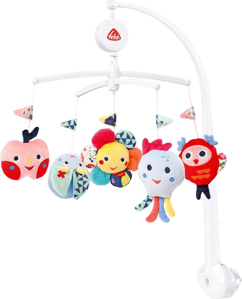 Fehn 055191 Musik-Mobile COLOR Friends, Beruhigendes Babyspielzeug mit sanfter Melodie 'Trumerei', Abnehmbare Figuren, Waschbar, 40 cm, Hhe: 65 cm
