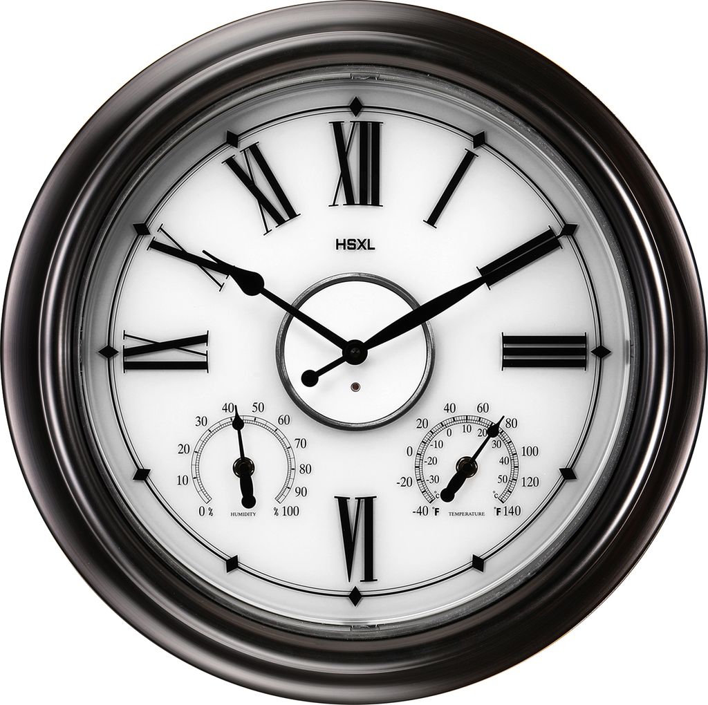 A close-up view of a large, round wall clock with Roman numerals, a thermometer, and a hygrometer.