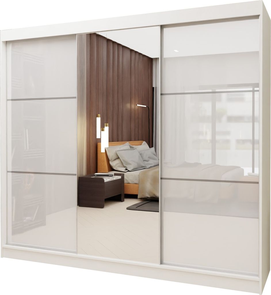Masseno Schiebetürenschrank VITALE 240 cm Kleiderschrank mit 4 Schubladen Schlafzimmer Schrank 3-türig mit Spiegel und Lacobel Weiß