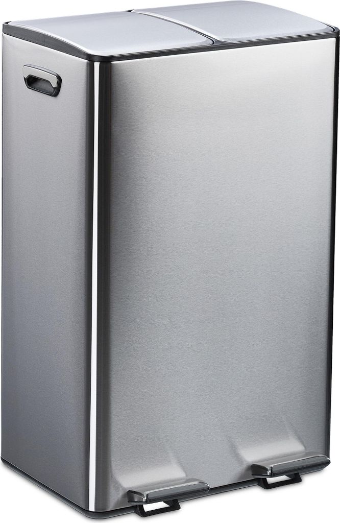 A stainless steel dual-compartment kitchen trash can with two foot pedals.