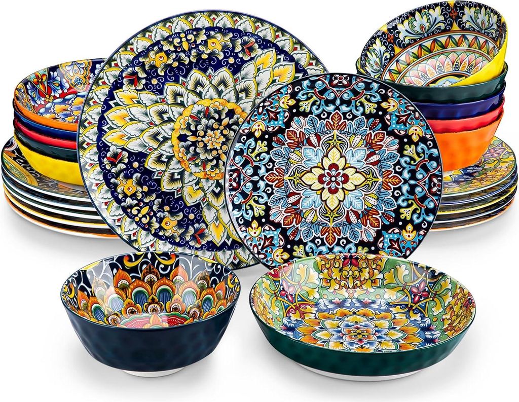 Geschirrset - 24-teilig - 6 Personen - Geschirr - Bohemian Stil - Keramisch - Blumenmuster - Bunt