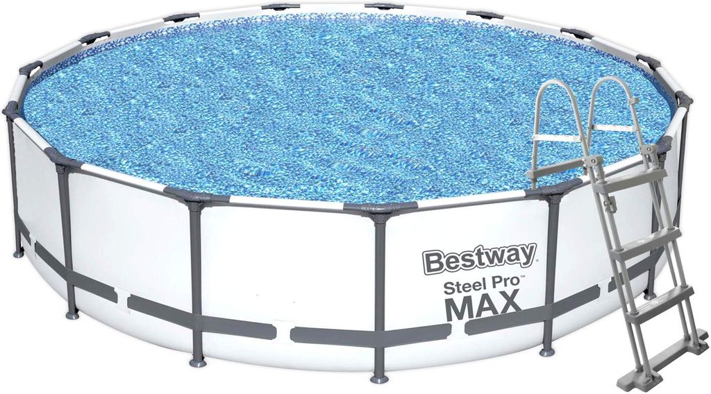 An above-ground swimming pool with a ladder.