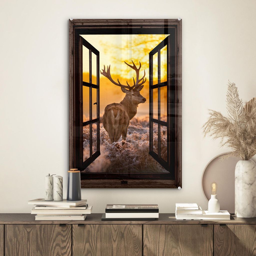 MuchoWow Glasbilder - Bilder auf Wandbild - Foto auf Glas Hirsche - Herbst - Tiere - Natur - Wald - Aussicht 40x60 cm Wanddekoration aus Glas - Acr...