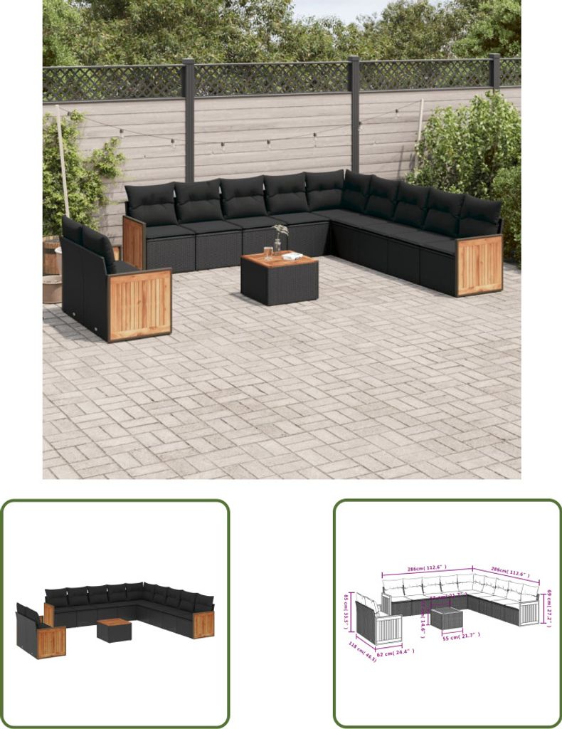 The Living Store 12-tlg. Garten-Sofagarnitur mit Kissen Schwarz Poly Rattan