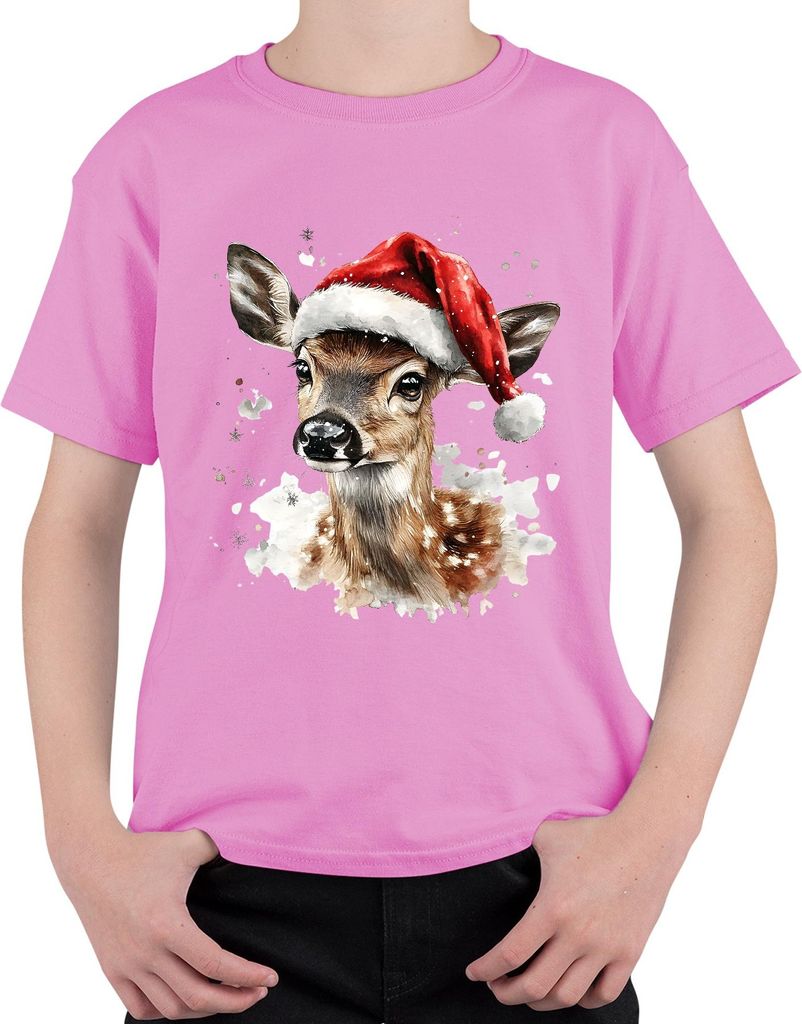 Weihnachten Rehkitz Aquarell Santa niedlich Winter Geschenk Uni Kinder T-Shirt, Pink, 128
