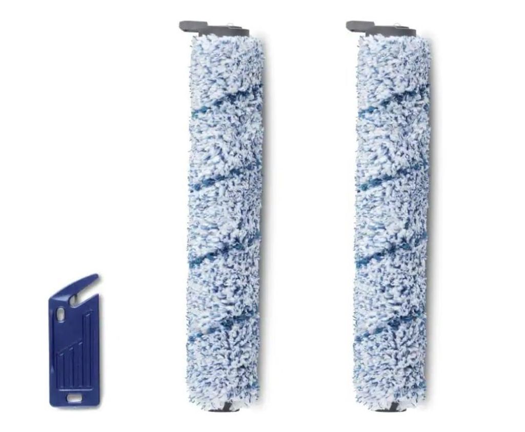 Two cleaning brush rollers and a small blue tool are displayed against a white background.