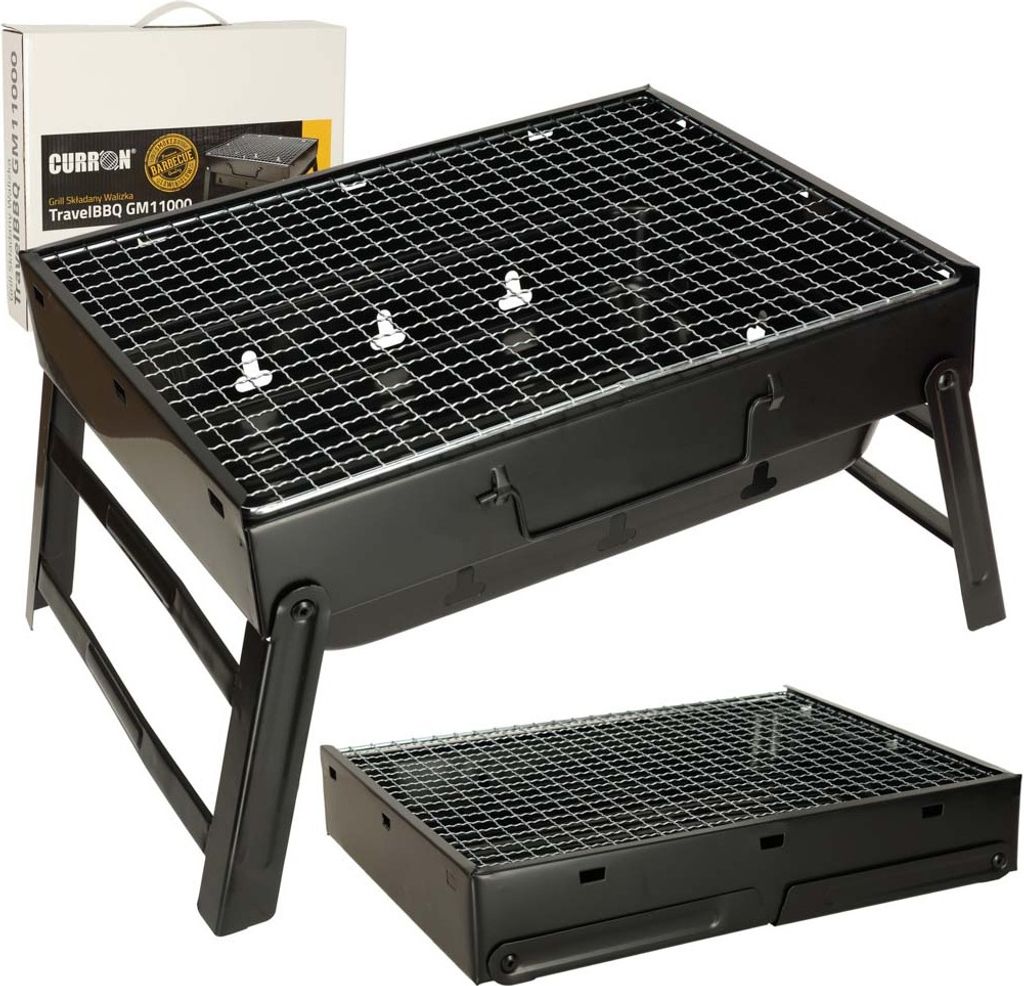 A foldable charcoal grill is shown in its open and folded states, along with its packaging.
