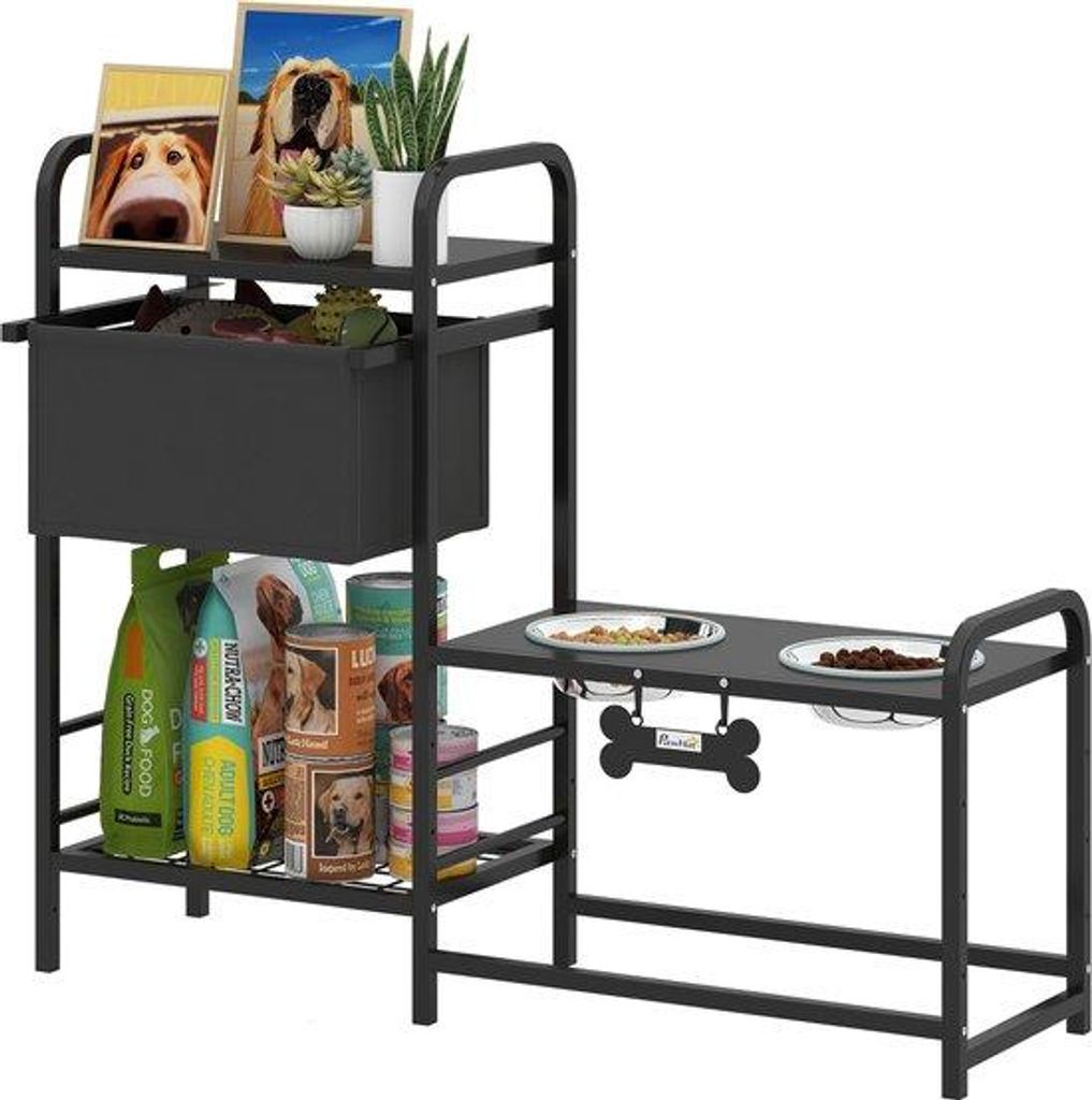 Verstelbare hundetafel mit Lagerfach, Trinkschale, 2 x 800 ml Edelstahl-Behälter, 89,5 x 27 x 74 cm, schwarz