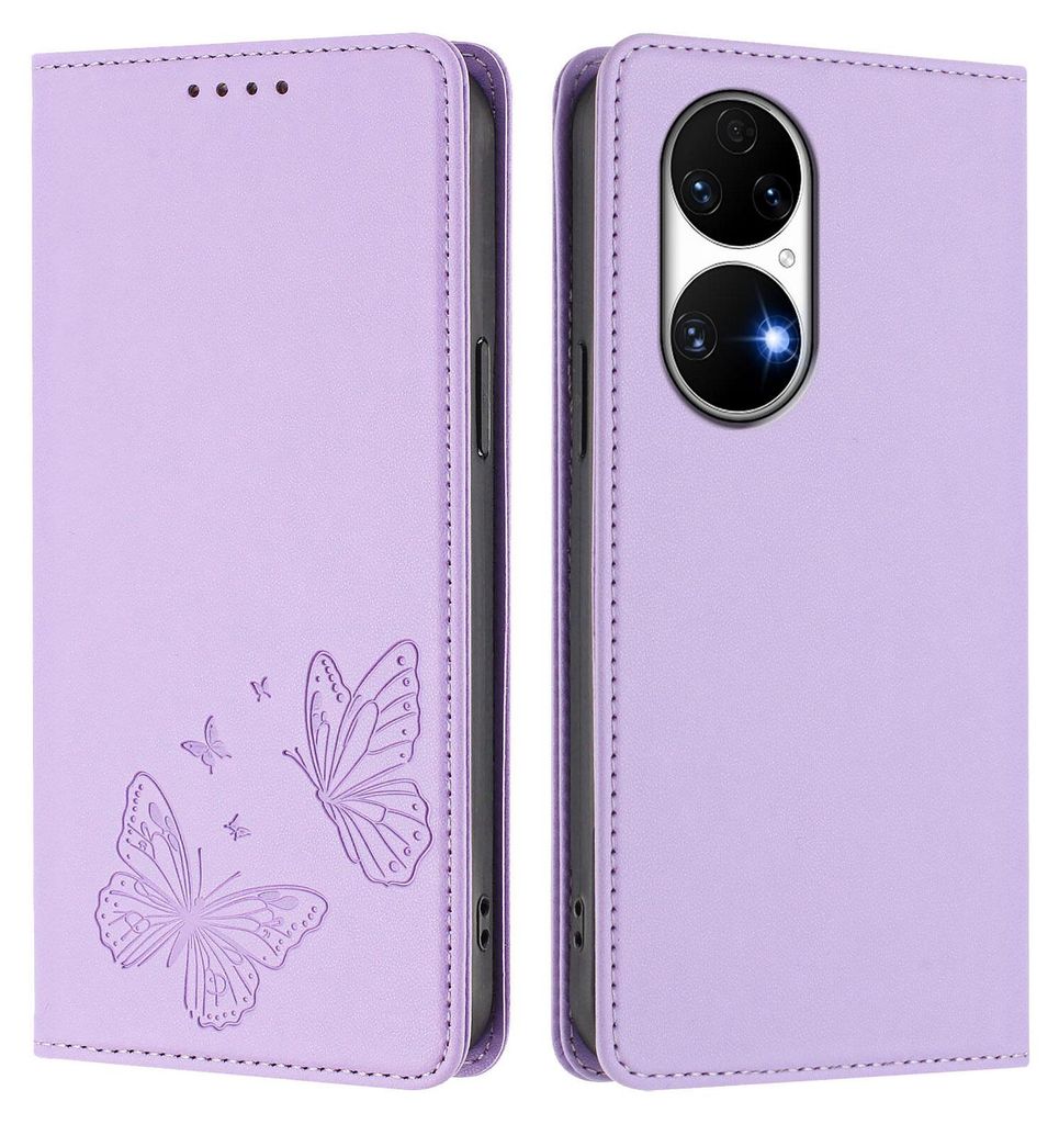 Lederhülle für Huawei P50, Schmetterling Prägung Leder Brieftasche Schutzhülle mit Ständer Violett