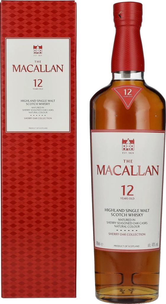 A bottle of Macallan 12 Años Sherry Oak Whisky and its packaging are displayed side-by-side against a white background.