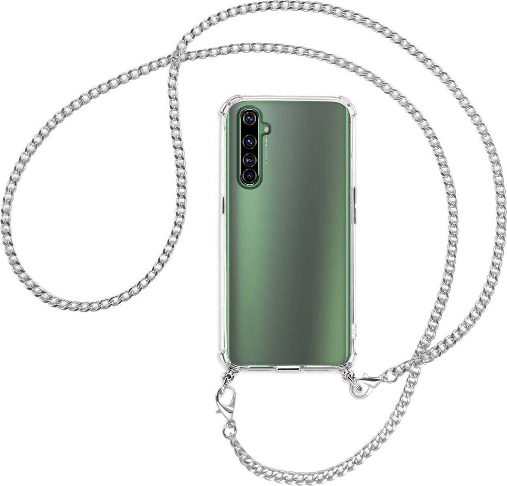 Handykette Backcover-Schutzhülle mit Band (Metall silberfarben) für Realme X50 Pro 5G - silberfarbene Kette