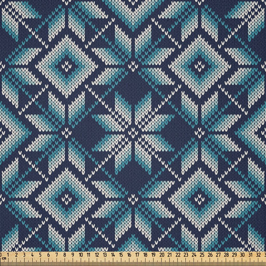 ABAKUHAUS Blau und weiß Microfaser Stoff als Meterware , Winter-Feiertags-Messe-Insel-Muster-Illustration nordisches Retro, 10 M (230 x 1000 cm), ...