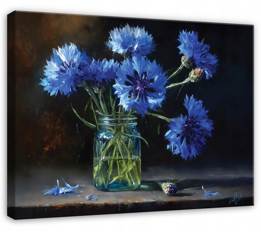 Leinwandbild Blumen in einer Vase Vintage Retro - 100x70 cm - Wandbilder Wohnzimmer Schlafzimmer - Leinwand Leinwandbild Blau - PP16411O1