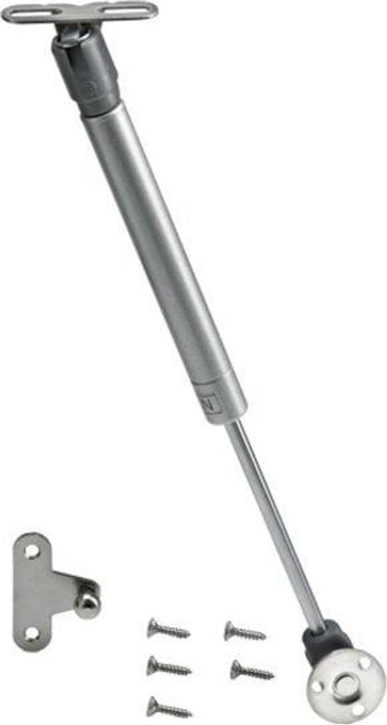 A gas spring strut and its mounting hardware are displayed against a white background.