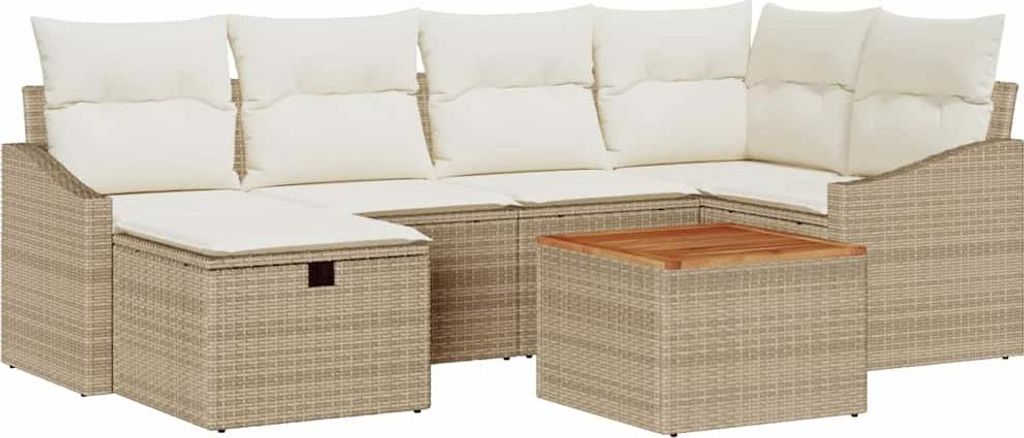 vidaXL Gartensofa-set mit Kissen mit Speicher 7 pcs Beige Poly Rattan