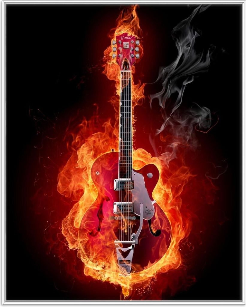 Wallario Wandbild Brennende Gitarre, Größe: 40,30 x 50,30 cm, Poster mit weißem Aluminiumrahmen